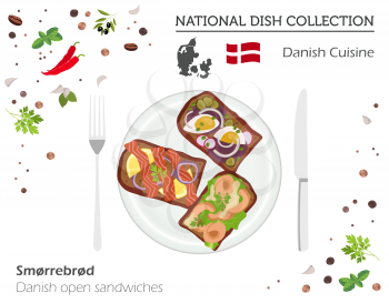Denmark Cuisine. European national dish collection. Danish open sanwiches isolated on white, infographic. Vector illustration