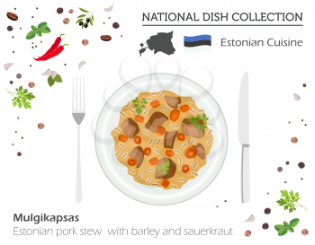 Estonia Cuisine. European national dish collection. Estonian pork stew isolated on white, infographic. Vector illustration