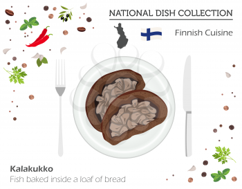 Finnish Cuisine. European national dish collection. Fish baked inside a loaf of bread  isolated on white, infographic. Vector illustration