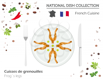 French Cuisine. European national dish collection. Frog`s legs isolated on white, infographic. Vector illustration