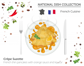 French Cuisine. European national dish collection. French thin pancakes with orange sauce and liquer isolated on white, infographic. Vector illustration