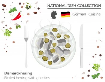 German Cuisine. European national dish collection. Pickled herring with gherkins isolated on white, infographic. Vector illustration