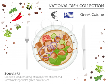 Greek Cuisine. European national dish collection. Souvlaki isolated on white, infographic. Vector illustration