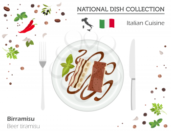Italian Cuisine. European national dish collection. Beer tiramisu isolated on white, infographic. Vector illustration