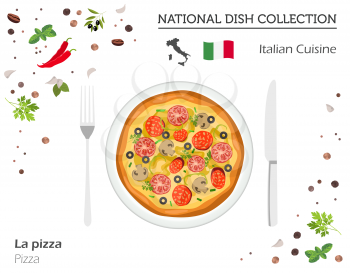 Italian Cuisine. European national dish collection. Pizza isolated on white, infographic. Vector illustration