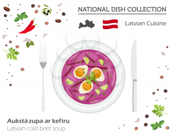 Latvia Cuisine. European national dish collection. Latvian cold beet soup isolated on white, infographic. Vector illustration