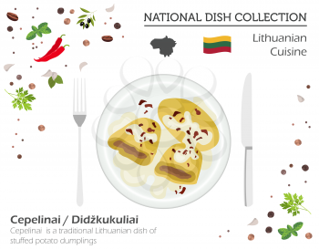 Lithuania Cuisine. European national dish collection. Lithuanian cepelinai, stuffed potato dumpling isolated on white, infographic. Vector illustration
