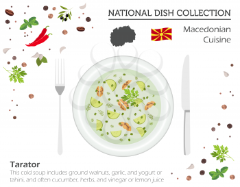 Macedonia Cuisine. European national dish collection. Macedonian cold soup tarator isolated on white, infographic. Vector illustration