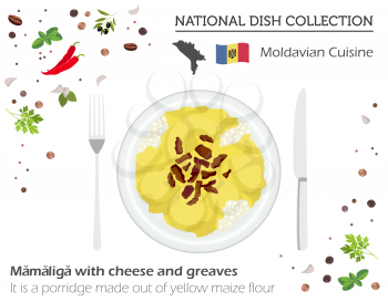 Moldova Cuisine. European national dish collection. Moldavian mamaliga with cheese and greaves isolated on white, infographic. Vector illustration