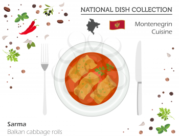 Montenegrin Cuisine. European national dish collection. Balkan cabbage rolls isolated on white, infographic. Vector illustration