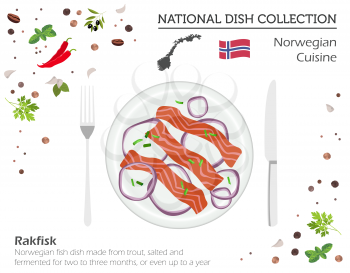 Norwegian Cuisine. European national dish collection.  Rakfisk isolated on white, infographic. Vector illustration