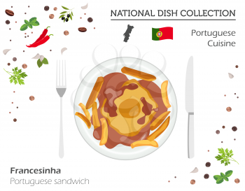 Portuguese Cuisine. European national dish collection. Portuguese sandwich isolated on white, infographic. Vector illustration