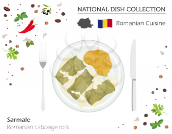 Romanian  Cuisine. European national dish collection. Cabbage rolls isolated on white, infographic. Vector illustration