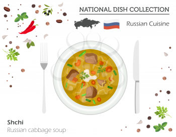 Russia Cuisine. European national dish collection. Russian cabbage soup shchi isolated on white, infographic. Vector illustration