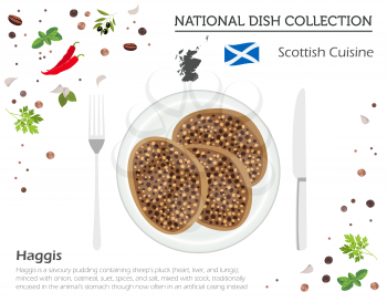 Scottish Cuisine. European national dish collection. Haggis isolated on white, infographic. Vector illustration