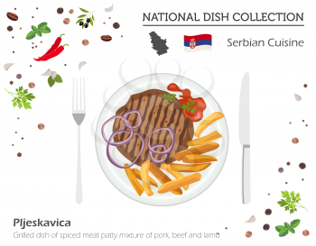 Serbian Cuisine. European national dish collection. Grilled dish of spiced meat patty mixture of pork, beef and lamb isolated on white, infographic. Vector illustration