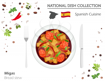 Spanish Cuisine. European national dish collection. Bread stew isolated on white, infographic. Vector illustration