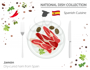 Spanish Cuisine. European national dish collection. Dry-cured ham jamon from Spain isolated on white, infographic. Vector illustration