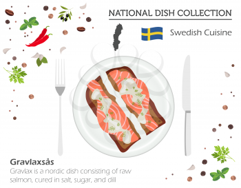 Sweden Cuisine. European national dish collection. Raw salmon sandwich isolated on white, infographic. Vector illustration