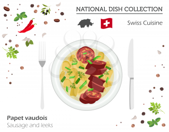 Swiss Cuisine. European national dish collection. Sausage and leeks isolated on white, infographic. Vector illustration