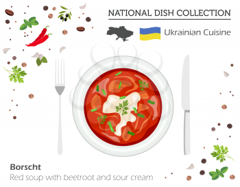 Ukrainian Cuisine. European national dish collection. Borscht isolated on white, infographic. Vector illustration