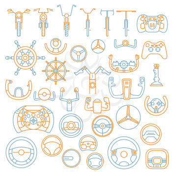 Equipment for transport driving set. Helmet, rudder, steering wheels thin line icons. Vector illustration