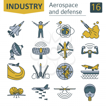 Aerospace and defense, military aircraft icon set. Thin line design for creating infographics. Vector illustration