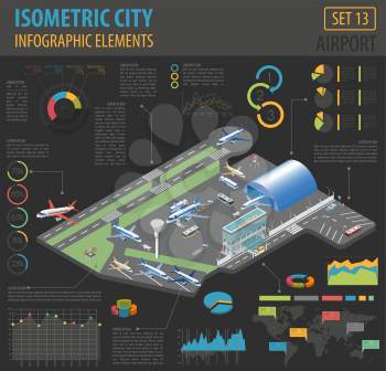 3d isometric airport and city map constructor elements isolated on white. Build your own infographic collection. Vector illustration