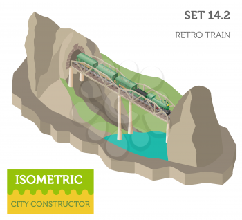3d isometric retro railway with steam locomotive and carriages. Сity map constructor elements. Build your own infographic collection. Vector illustration