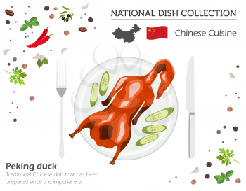 Chinese Cuisine. Asian national dish collection. Peking duck isolated on white, infograpic. Vector illustration