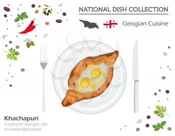 Georgian Cuisine. Asian national dish collection. Khachapuri isolated on white, infograpic. Vector illustration