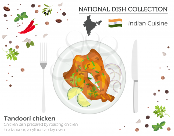 Indian Cuisine. Asian national dish collection. Tandoori chicken isolated on white, infograpic. Vector illustration