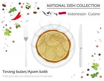 Indonesian Cuisine. Asian national dish collection. Indonesian turnover pancake isolated on white, infograpic. Vector illustration