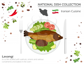 Iranian Cuisine. Middle East national dish collection.  Lavangi fish isolated on white, infograpic. Vector illustration

