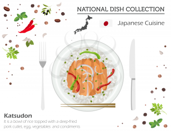 Japanese Cuisine. Asian national dish collection. Katsudon isolated on white, infograpic. Vector illustration
