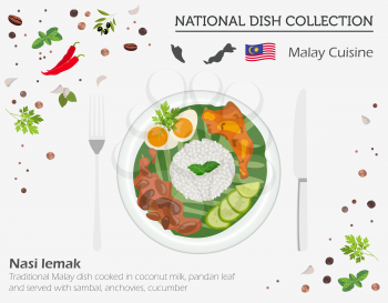 Malayan Cuisine. Asian national dish collection. Nasi lemak  isolated on white, infograpic. Vector illustration