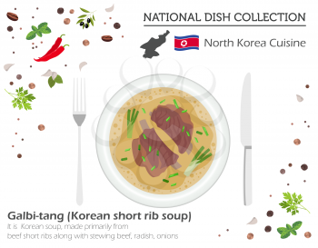 North Korean Cuisine. Asian national dish collection. Korean short rib soup isolated on white, infograpic. Vector illustration