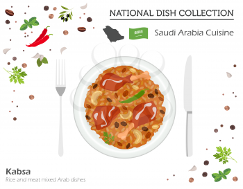 Saudi Arabia Cuisine. Middle East national dish collection.  Kabsa isolated on white, infograpic. Vector illustration
