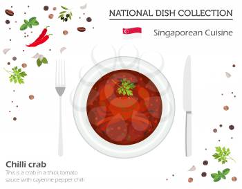 Singaporean Cuisine. Asian national dish collection. Chilli crab isolated on white, infograpic. Vector illustration
