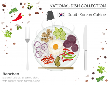 South Korean Cuisine. Asian national dish collection. Banchan isolated on white, infograpic. Vector illustration