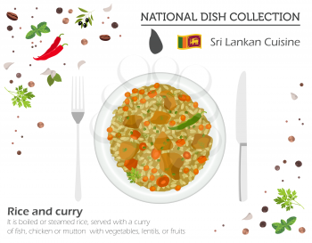 Sri Lankan Cuisine. Asian national dish collection. Rice and curry isolated on white, infograpic. Vector illustration
