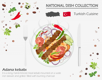 Turkish Cuisine. Middle East national dish collection.  Adana kebabi isolated on white, infograpic. Vector illustration
