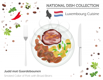 Luxembourg Cuisine. European national dish collection. Smoked collar of pork with broad of beans isolated on white, infographic. Vector illustration
