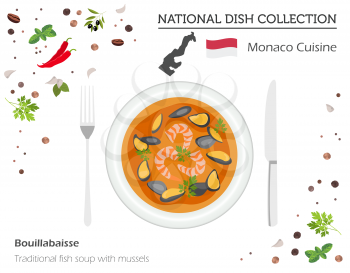 Monaco Cuisine. European national dish collection.  Traditional fish soup with mussels isolated on white, infographic. Vector illustration