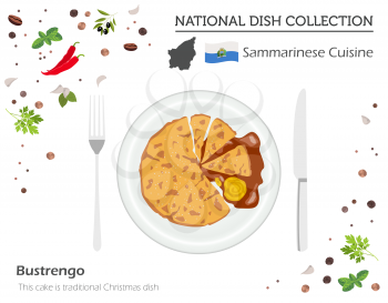 Sammarinese Cuisine. European national dish collection.  Bustrengo cake isolated on white, infographic. Vector illustration