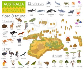 Isometric 3d Australia and Oceania flora and fauna map elements. Animals, birds and sea life. Build your own geography infographics collection. Vector illustration