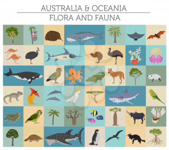 Australia and Oceania flora and fauna, flat elements. Animals, birds and sea life big set. Build your geography infographics collection. Vector illustration