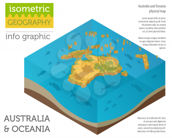 Isometric 3d Australia and Oceania physical map elements. Build your own geography info graphic collection. Vector illustration