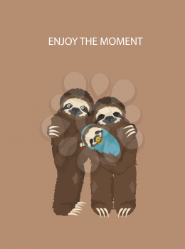 The story of one sloth. With family. Funny cartoon sloths in different postures set. Vector illustration