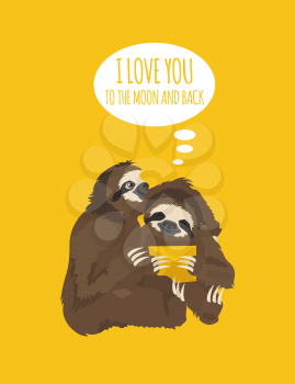 The story of one sloth. Love, wedding, honeymoon. Funny cartoon sloths in different postures set. Vector illustration